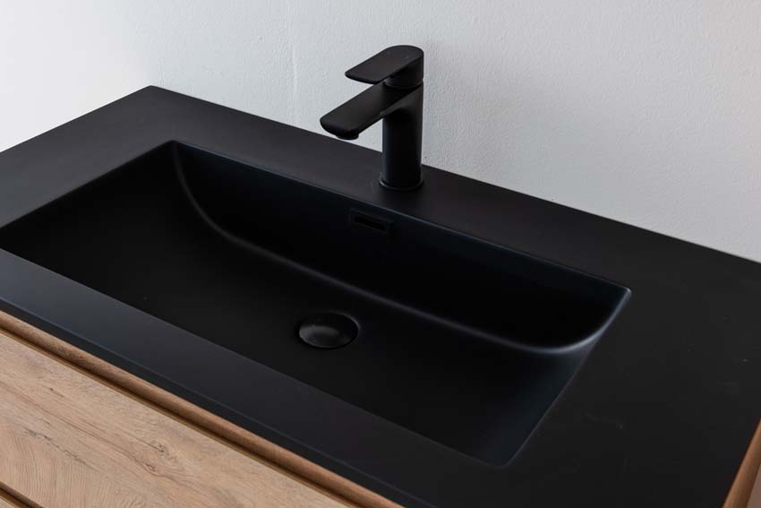 Meuble de salle de bain Tibo en chêne méditerranéen avec lavabo simple blanc noir 90cm