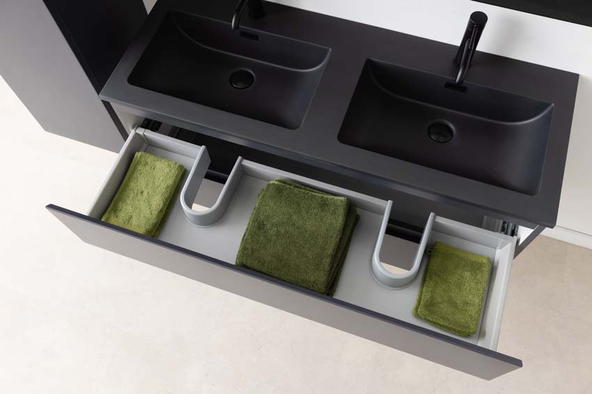 Meuble de salle de bain Tibo gris 1200 mm lavabo double noir mat