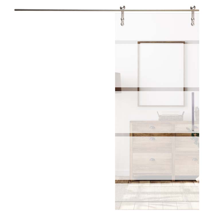 Porte coulissante vitrée complète Sky Dusk mat + 4 lignes transparentes 93x215cm poignée carrée inox + rail inox
