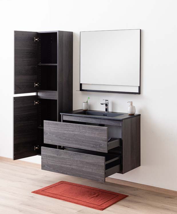 Badkamermeubel Dotan donkere eik hangend met enkele wastafel mat zwart 90cm