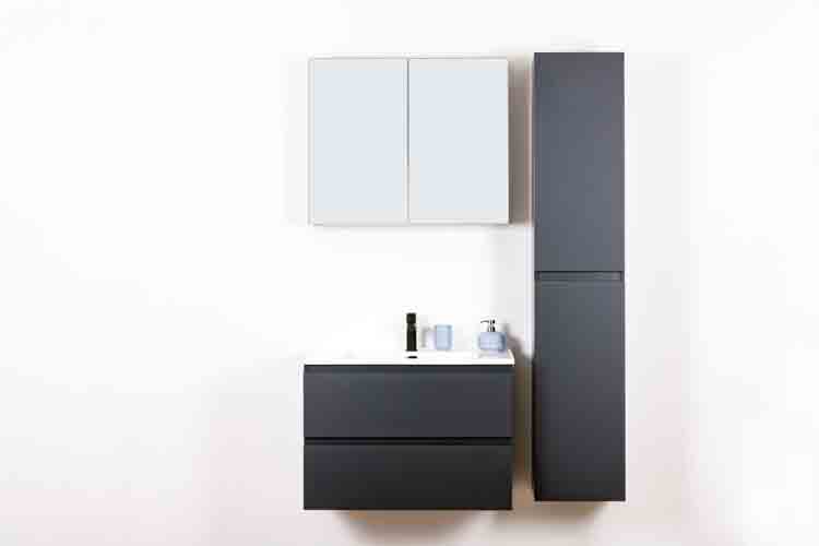 Meuble de salle de bains Omane gris mat suspendu avec lavabo simple blanc brillant 80cm
