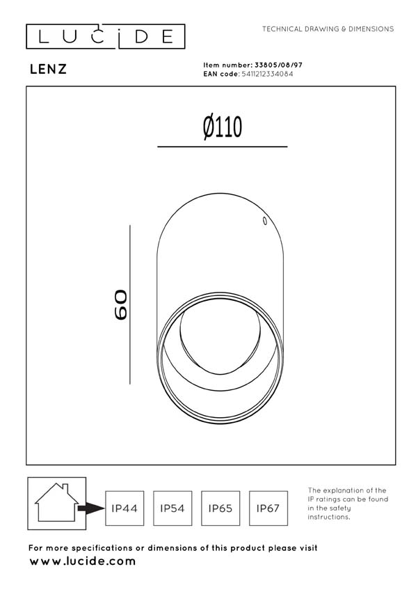 Lucide Essential Lenz - Plafondspot binnen/buiten - Ø11cm - LED - 1x8W 2700K - IP54 - Roestbruin