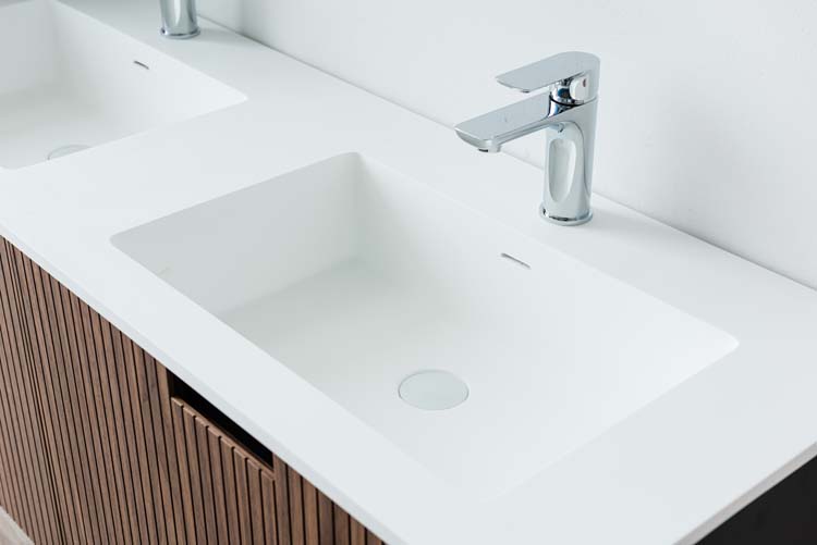 Meuble de salle de bains Willow noyer suspendu avec lavabo double blanc mat 140cm