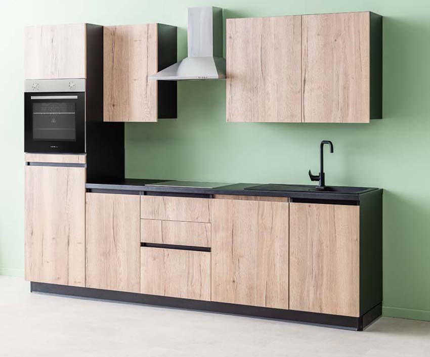 Keuken Plenti zwart/houtlook 280cm - lades - met toestellen - vitrokeramische kookplaat en inox wanddampkap