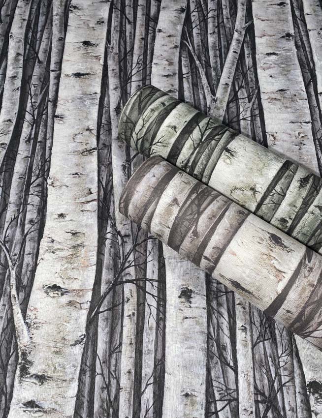 Vinyl op vliesbehang berk grijs/beige 0,53x10m