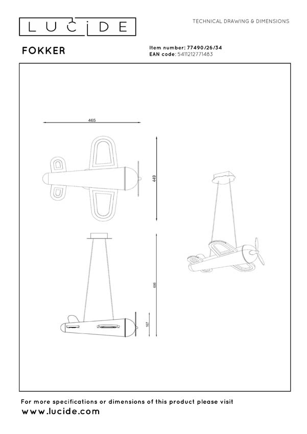 Lucide Fokker - Suspension enfant - LED - 1x28W 2500K - Fer gris