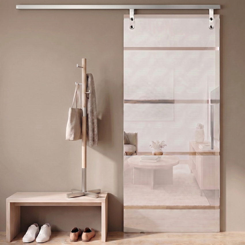 Complete glazen schuifdeur Sky Dusk mat + 4 lijnen helder 93x215cm inox vierkante trekker + rail aluminium