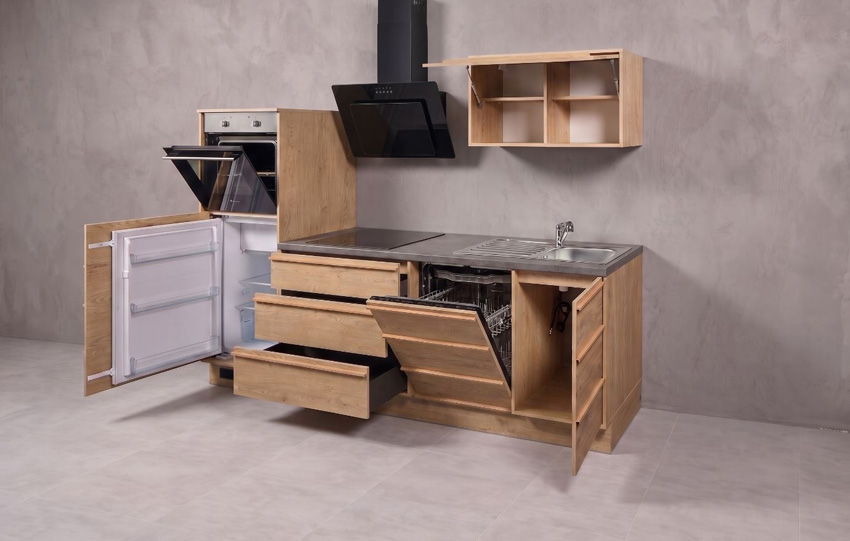 Cuisine Nara chêne 264cm - avec appareils - plaque de cuisson vitrocéramique et hotte murale noire