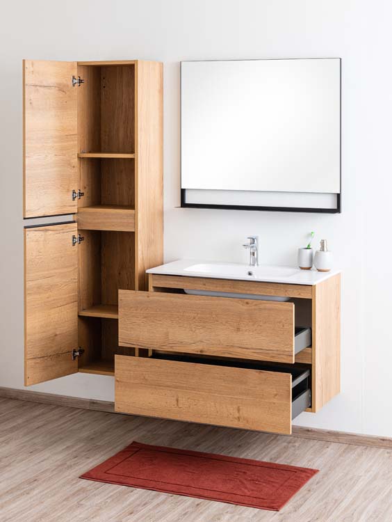 Badkamermeubel Daria eik goudbruin hangend met enkele wastafel glanzend wit 90cm