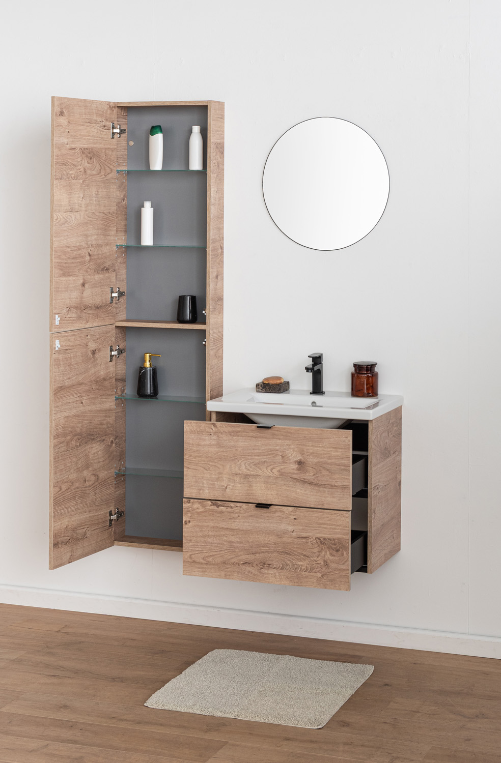 Badkamermeubel Raf honingeik hangend met enkele wastafel glanzend wit 60cm
