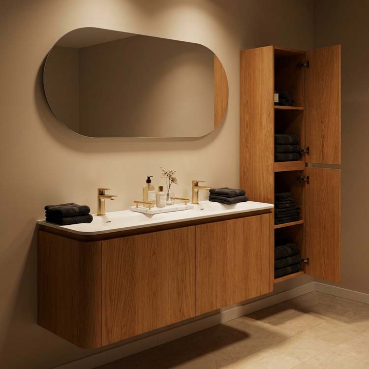 Badkamermeubel Floris eik hangend met dubbele wastafel mat wit 140cm