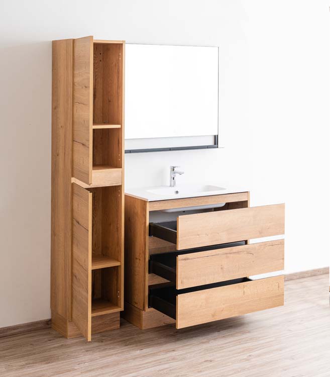 Meuble de salle de bains Daria chêne brun doré sur pied avec lavabo simple blanc mat 90cm