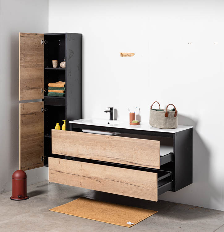 Meuble de salle de bains Dotan chêne suspendu avec lavabo simple à gauche blanc brillant 140cm