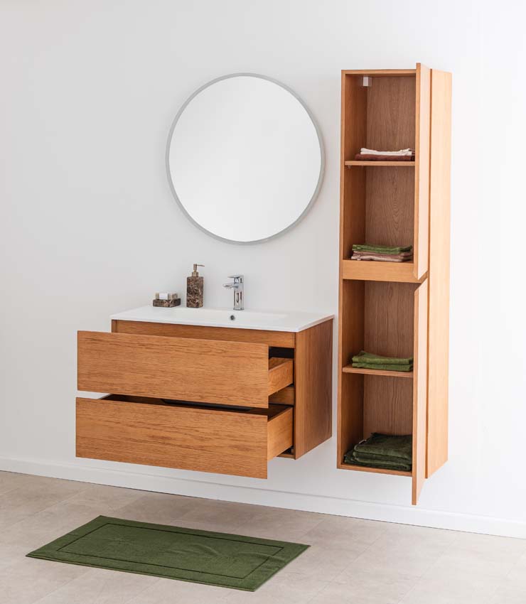 Badkamermeubel Fior eik hangend met enkele wastafel mat wit 90cm