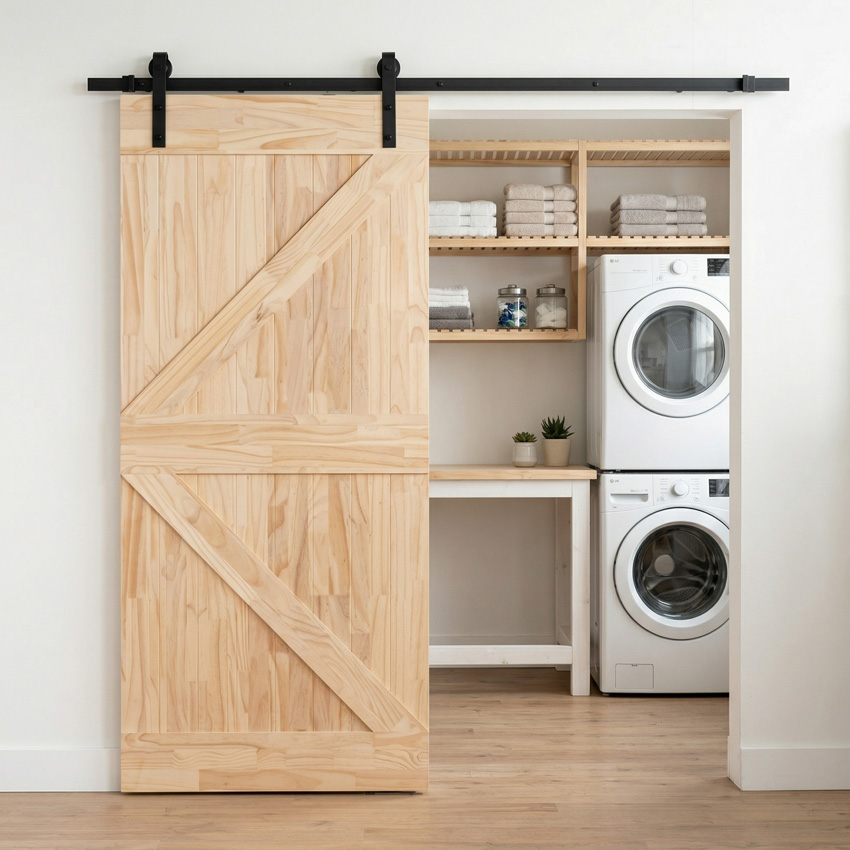 Porte coulissante simple complète Barn Tristan en pin 93x211,5cm + rail robuste noir