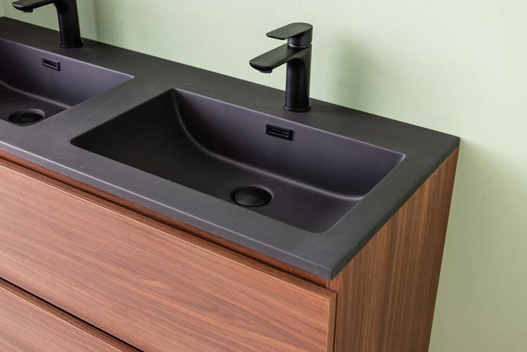 Meuble de salle de bains Dotan noyer suspendu avec lavabo double noir mat 120cm