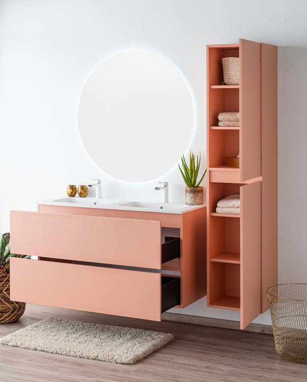 Meuble de salle de bains Puro blush suspendu avec lavabo double blanc mat 120cm