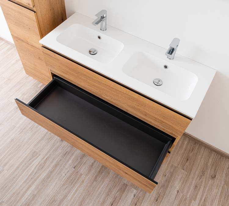 Meuble de salle de bain Daria chêne brun doré 1200 mm sur pied 2 lavabo brillant