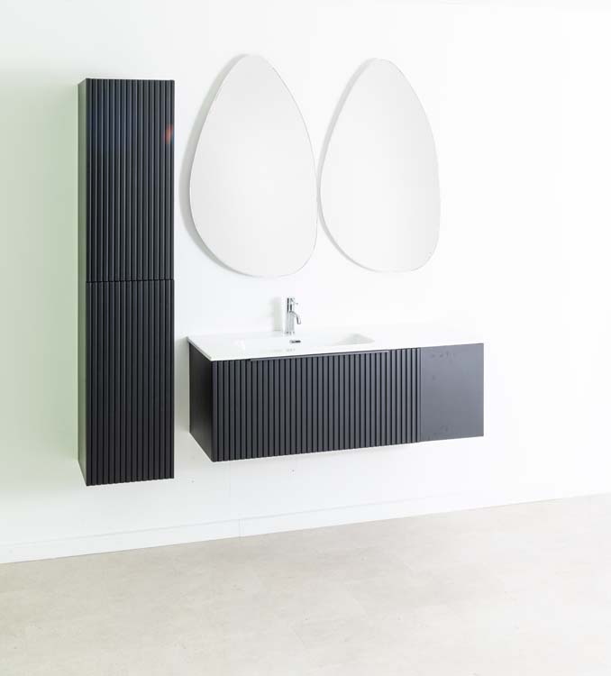 Meuble de salle de bains Sunday noir mat suspendu avec lavabo simple blanc brillant 120cm