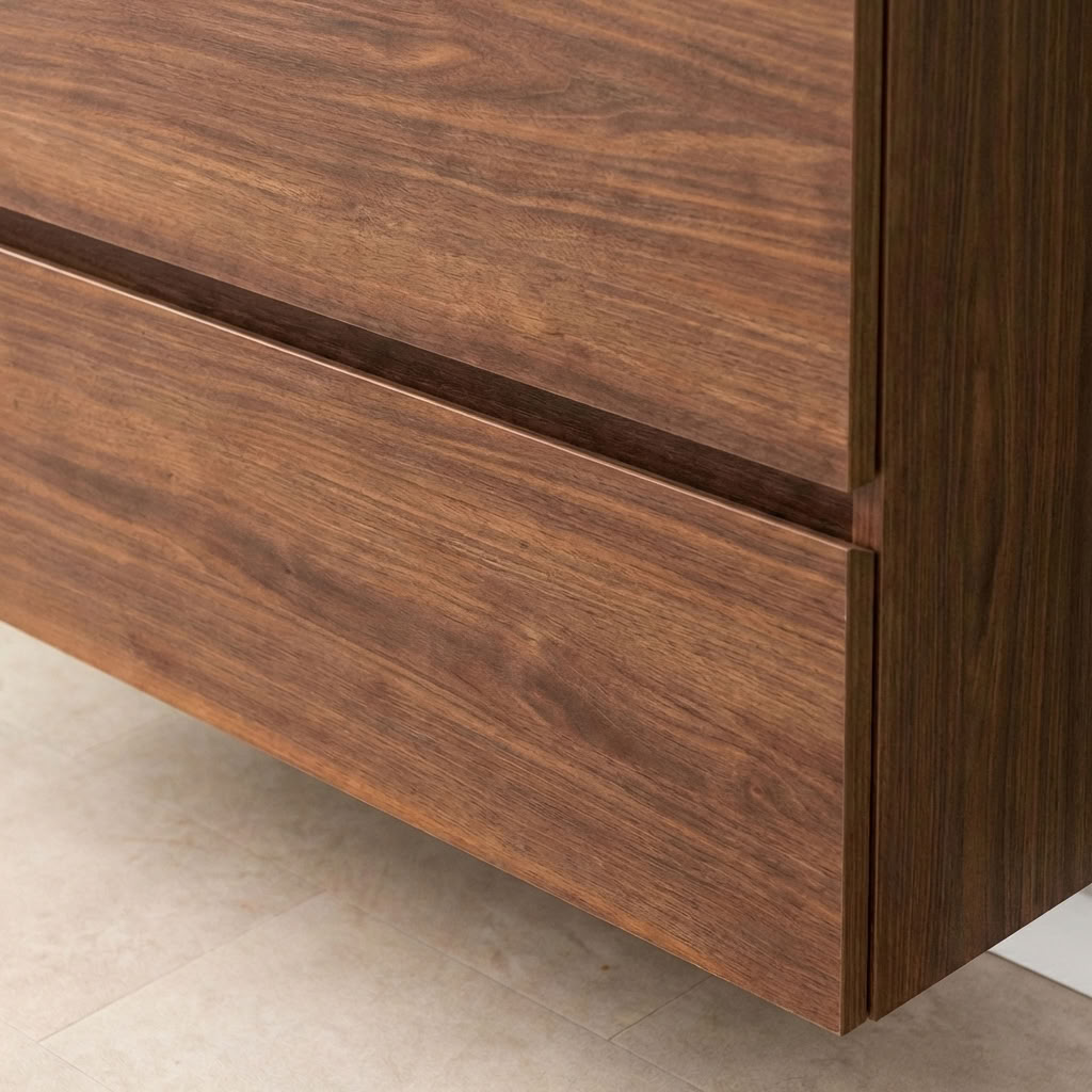 Meuble de salle de bain Dotan noyer avec lavabo double en aspect travertin 120cm