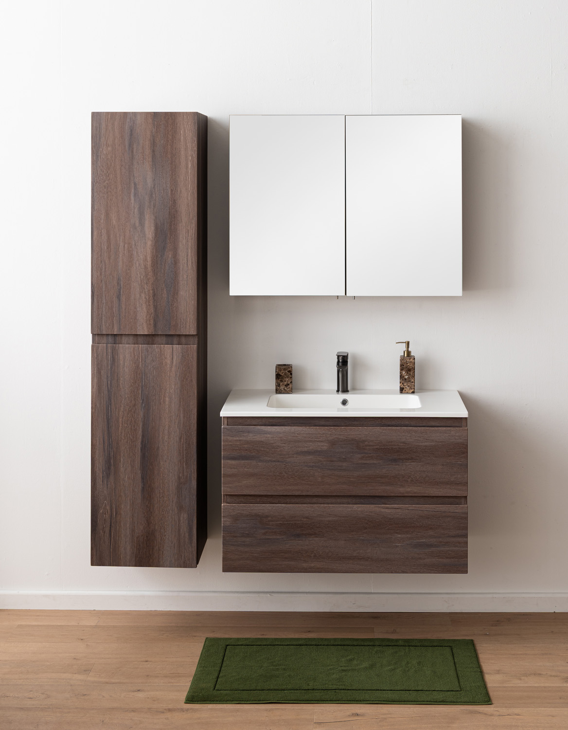 Badkamermeubel Tarik amber eik hangend met enkele wastafel glanzend wit 90cm