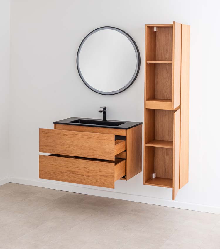 Badkamermeubel Fior eik hangend met enkele wastafel mat zwart 90cm