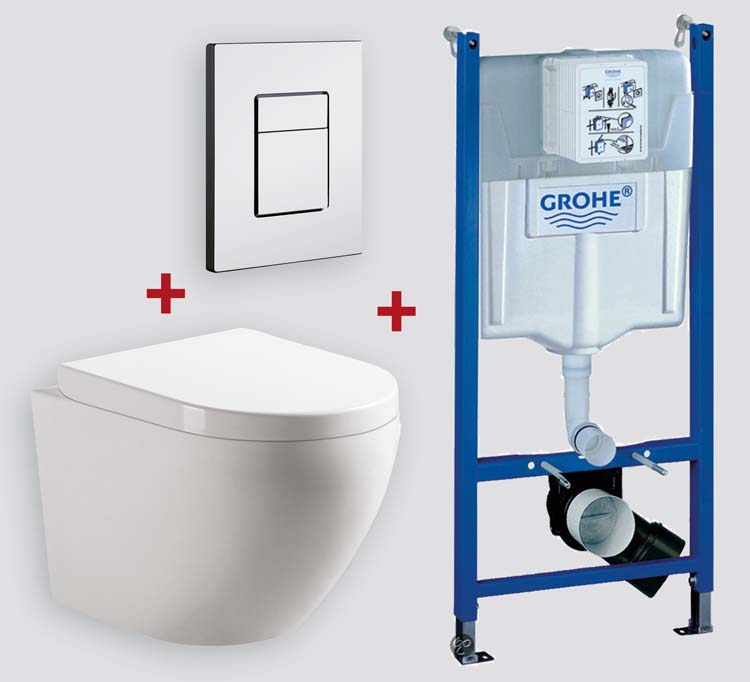 Set de wc Gary blanc avec abattant+réservoir Grohe Solido+plaque blanc