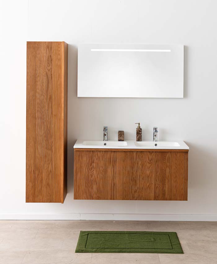 Meuble de salle de bain Fae chêne suspendu avec double lavabo blanc brillant 120cm