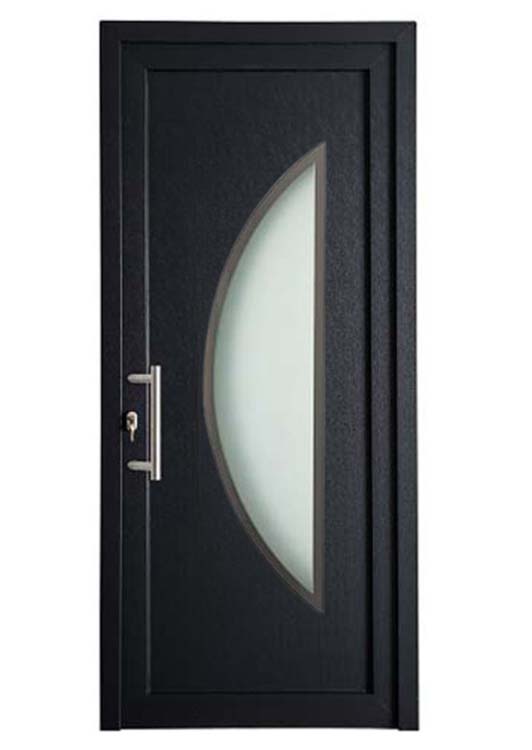 Porte extérieure demi-lune bordure inox PVC verre mat anthracite/blanc sur mesure ouvrant à gauche