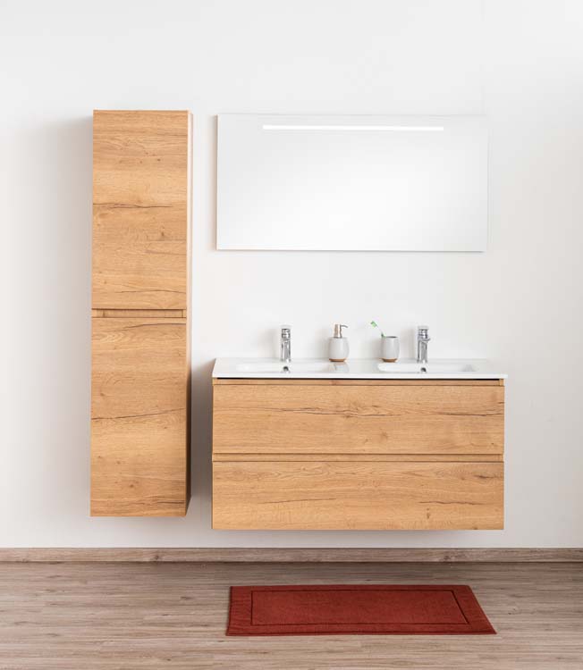 Badkamermeubel Daria eik goudbruin hangend met dubbele porseleinen wastafel glanzend wit 120cm