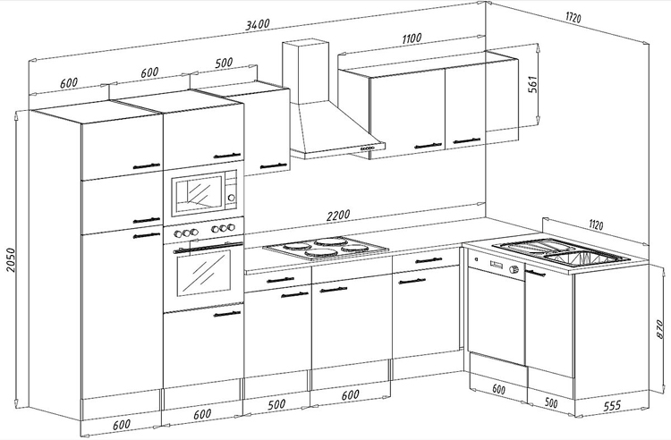 Cuisine d'angle noir/chêne foncé 340x172cm - plaque de cuisson vitrocéramique et hotte murale noire - avec appareils