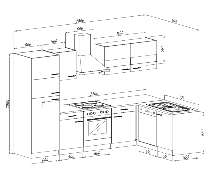 Hoekkeuken grijs/eik 280x172cm - vitrokeramische kookplaat en zwarte wanddampkap - met toestellen
