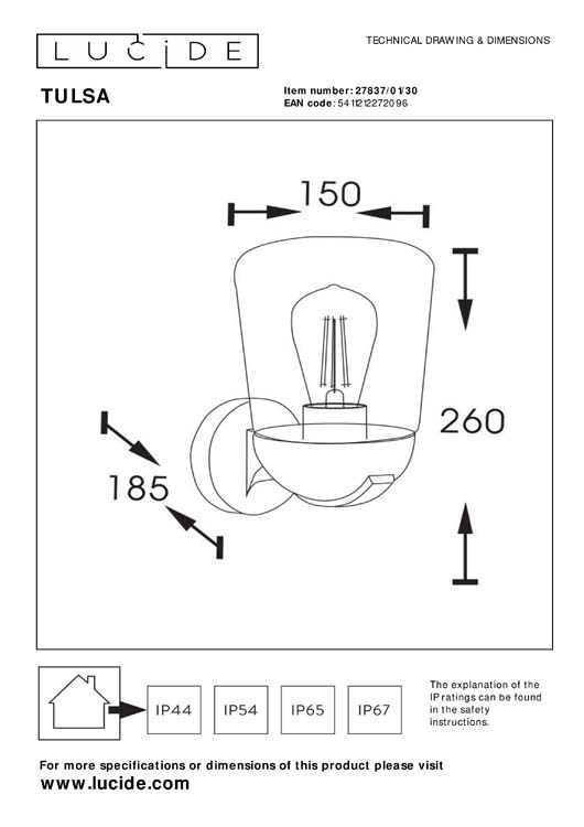 Lucide TULSA - Wandlamp Buiten - 1xE27 - IP44 - Zwart