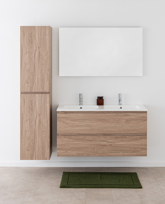 Badkamermeubel Bianca eiklook hangend met dubbele wastafel glanzend wit 120,5cm