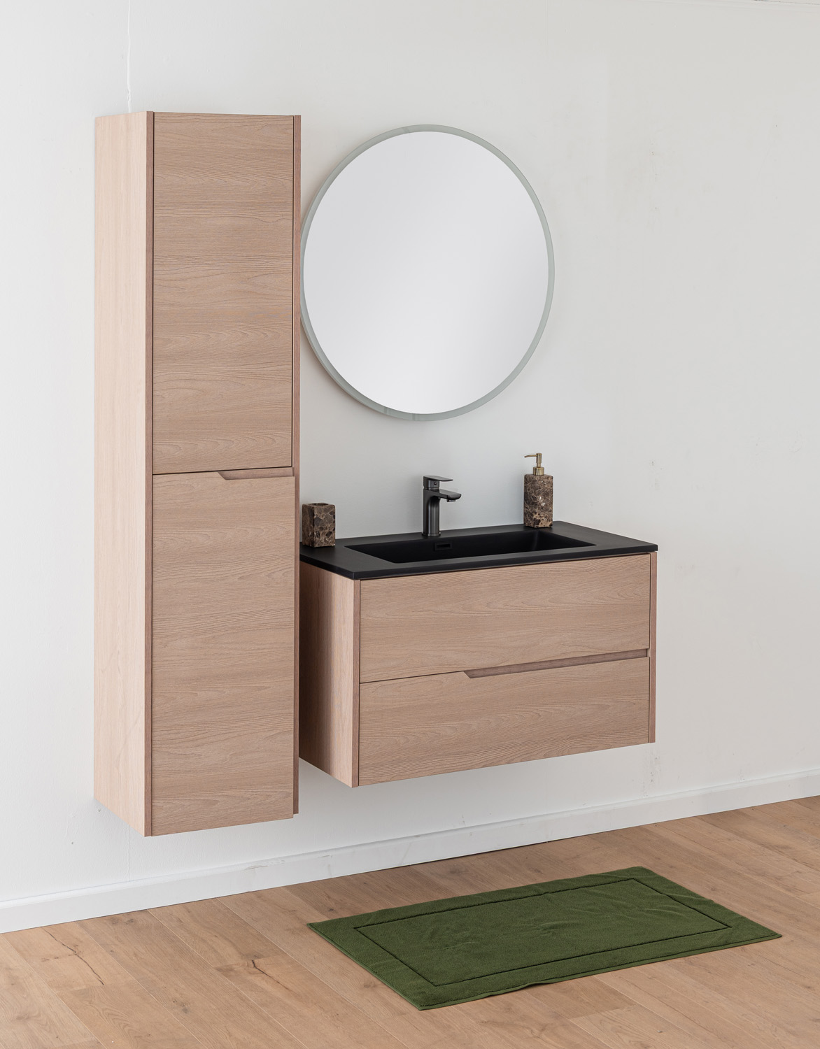 Meuble de salle de bains Tiago chêne Nordic suspendu avec vasque simple noir mat 90cm