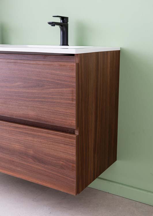 Meuble de salle de bains Dotan noyer suspendu avec lavabo double blanc brillant 120cm