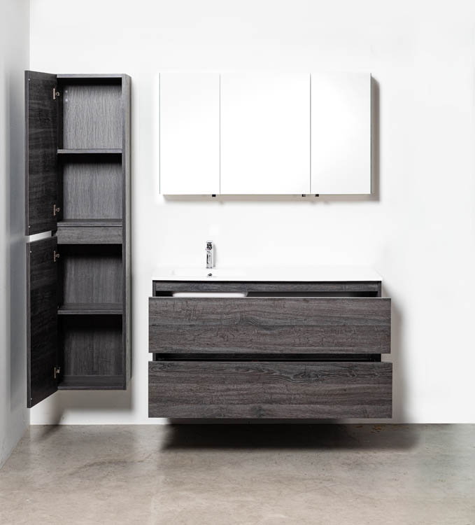 Meuble de salle de bains Dotan chêne foncé suspendu avec lavabo simple blanc brillant à gauche 120cm