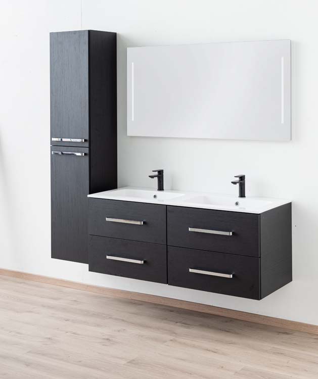Badkamermeubel Plato zwart houtnerf 140cm - dubbel - glanzend - greep chroom