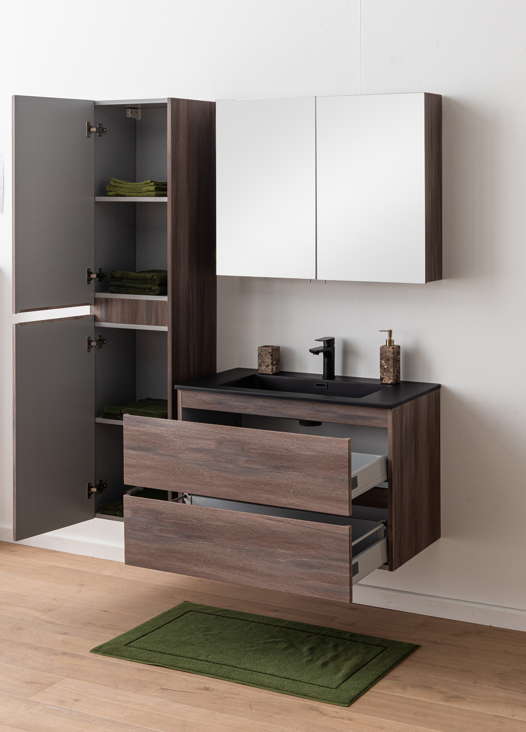 Badkamermeubel Tarik amber eik hangend met enkele wastafel mat zwart 90cm