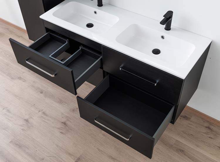 Badkamermeubel Plato zwart houtnerf 140cm - dubbel - glanzend - greep chroom