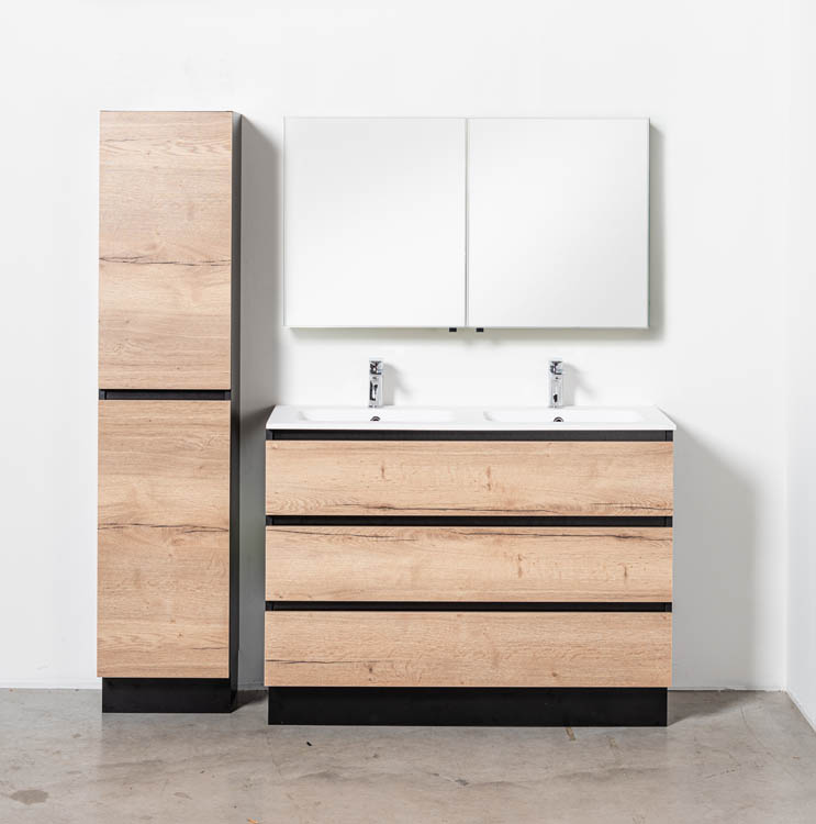 Meuble de salle de bain Dotan chêne/noir 1200 mm sur pied 2 lavabo mat