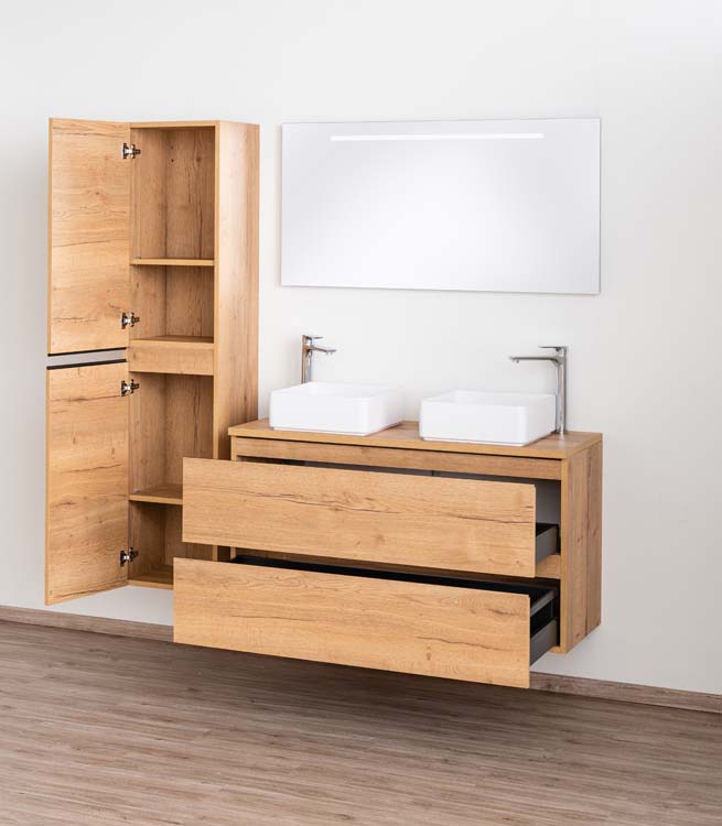 Meuble de salle de bain Daria chêne brun doré 1200 mm tablette en saillie melamine