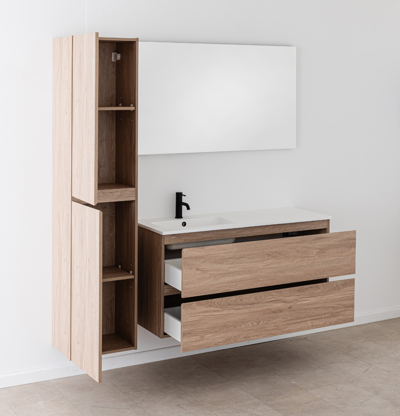 Badkamermeubel Bianca eiklook hangend met enkele wastafel mat wit 120,5cm