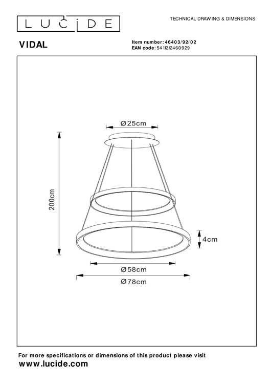 Lucide Premium Vidal - Hanglamp - Ø 78 cm - LED Dimb. - 1x92W 2700K - Mat Goud / Messing Lucide Premium Vidal - Hanglamp - Ø 78 cm - LED Dimb. - 1x92W 2700K - Mat Goud / Messing