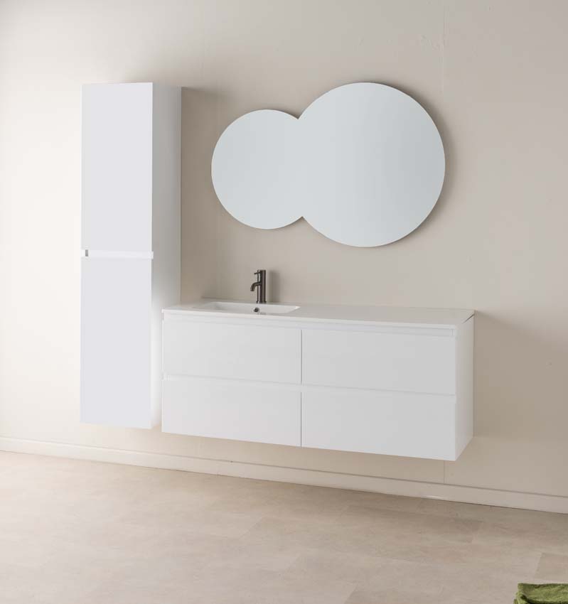 Meuble de salle de bains Tibo blanc suspendu avec lavabo simple à gauche blanc brillant 140cm
