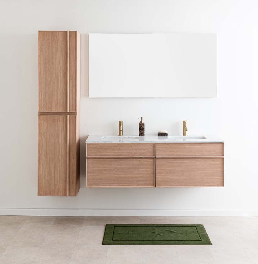 Meuble de salle de bains Felix chêne suspendu avec lavabo double effet marbre carrara 140cm