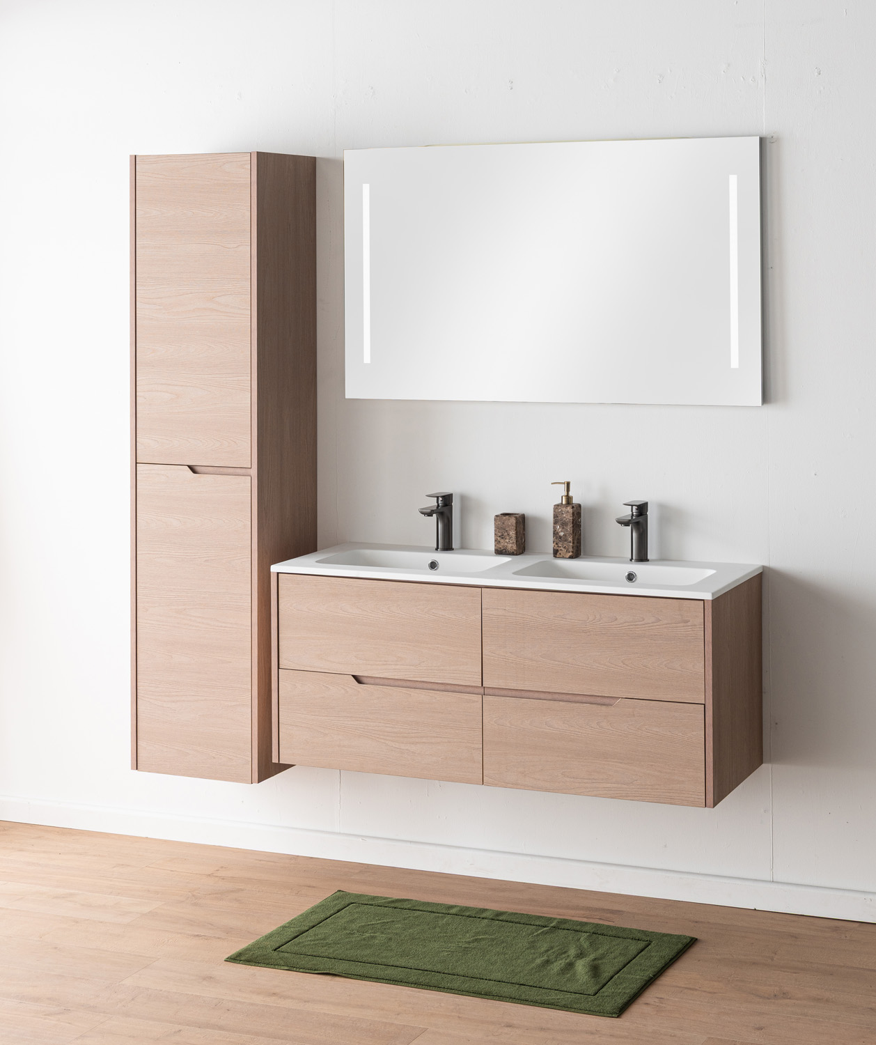 Meuble de salle de bains Tarik chêne Nordic suspendu avec double vasque blanc mat 120cm