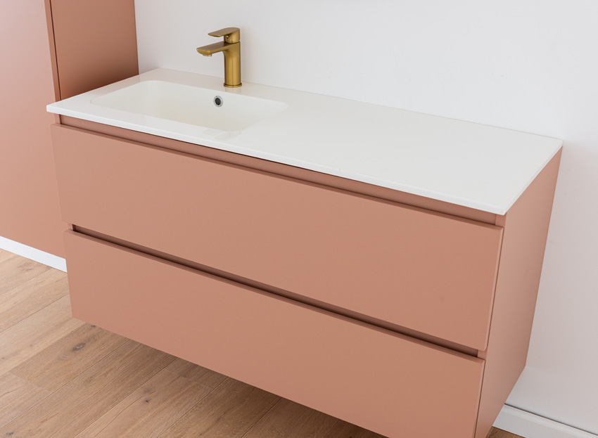 Meuble de salle de bains Dotan abricot suspendu avec lavabo simple gauche blanc brillant 120cm