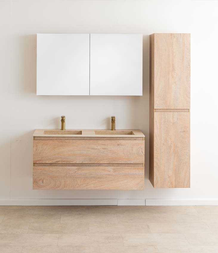 Meuble de salle de bain Tibo en chêne méditerranéen avec double lavabo aspect travertin 120cm