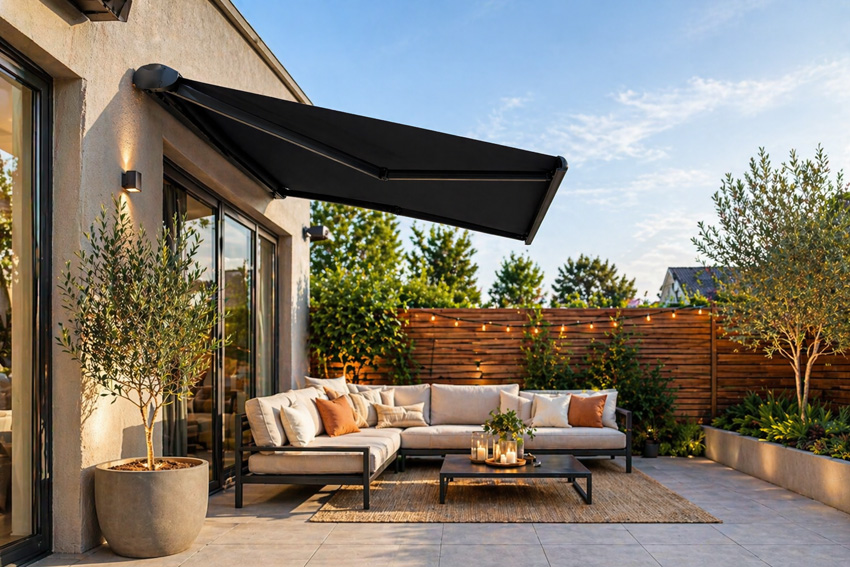 Tente solaire Milos noir structure + gris foncé 4x3m moteur à droite